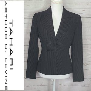 Tahari ASL Fitted  Pin Strip Snap Front Blazer Jacket